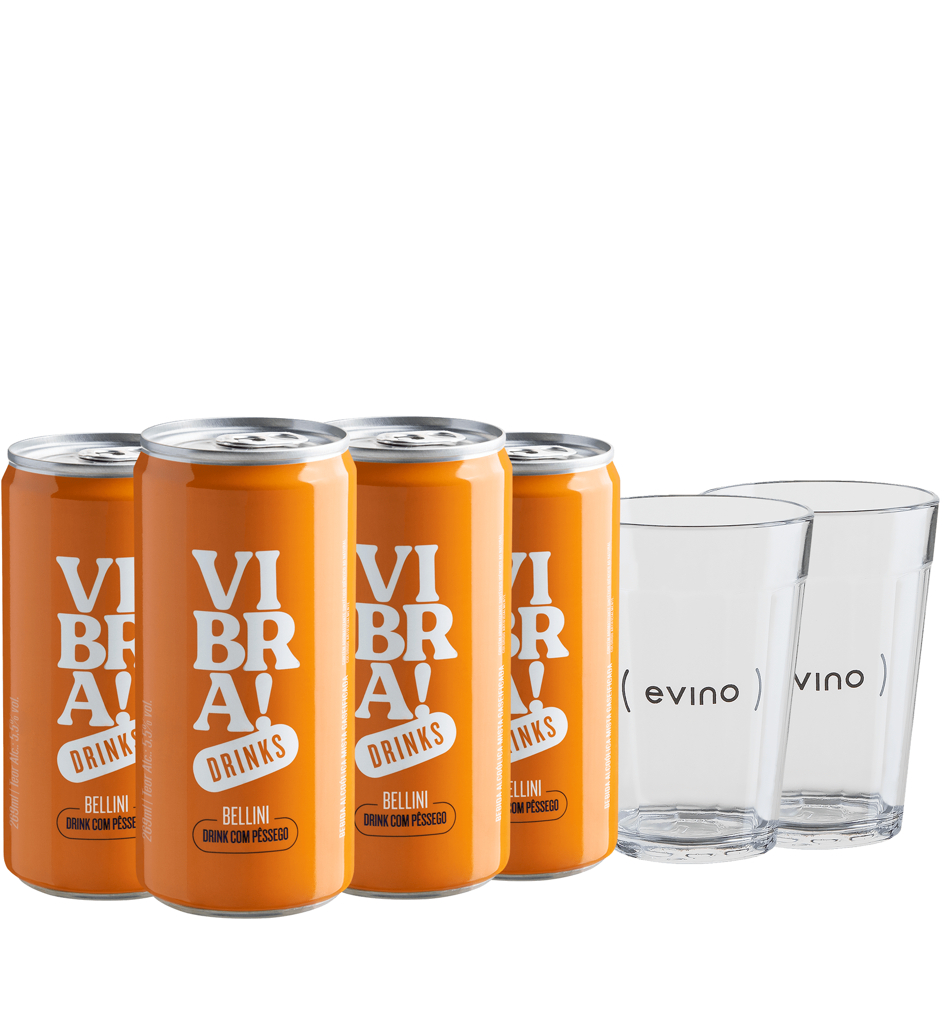 Kit Vibra! Drinks - Bellini - 4 drinks em lata + 2 Copos americanos
