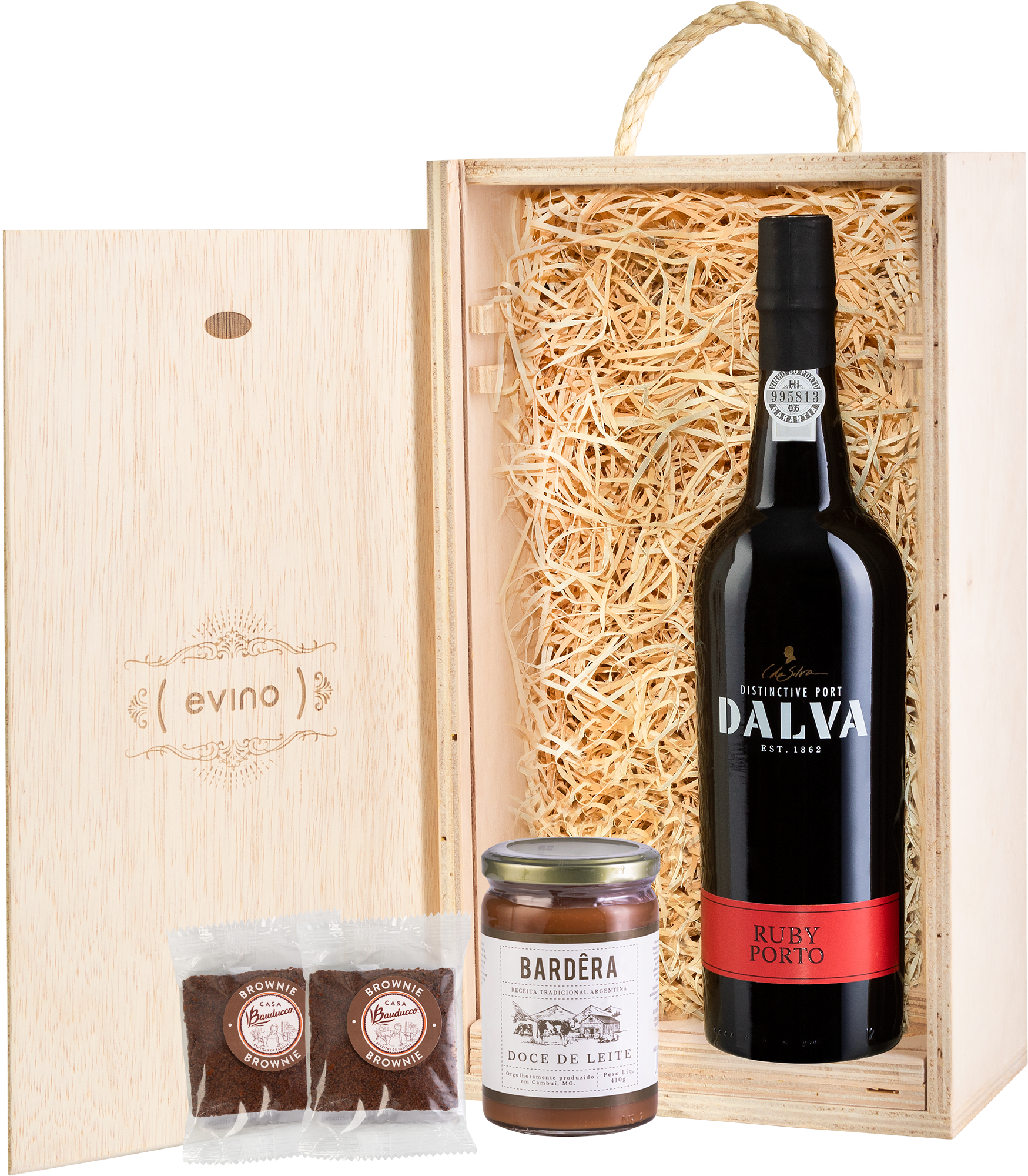 Kit Vinho do Porto + Doce de Leite + Caixa de Madeira + 2 Brownies Grátis
