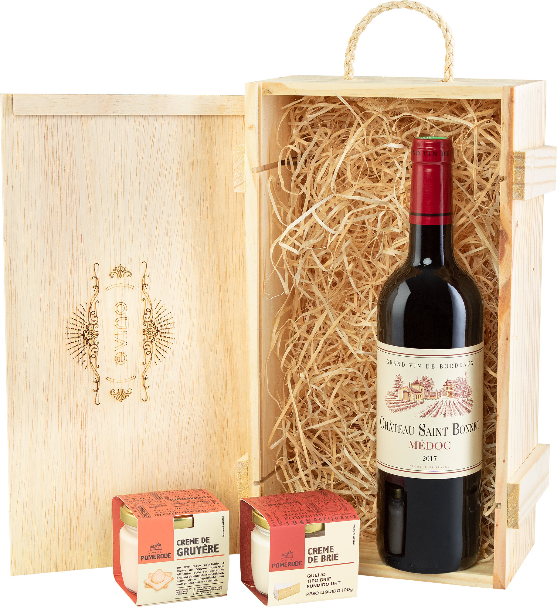 Kit Château Saint-Bonnet Médoc AOP + Cremes de Queijo + Caixa de Madeira