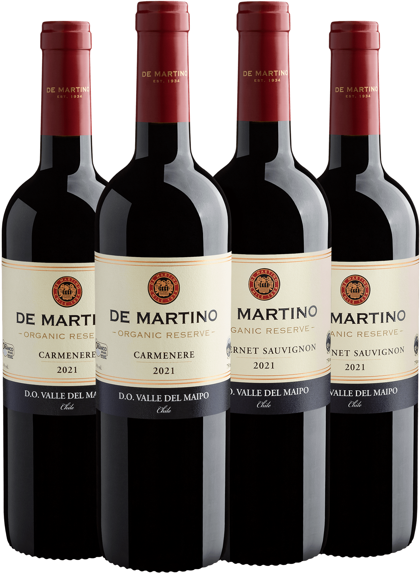 Kit De Martino Organic Reserve: 2 Carménère + 2 Cabernet Sauvignon por R$59,90 cada garrafa