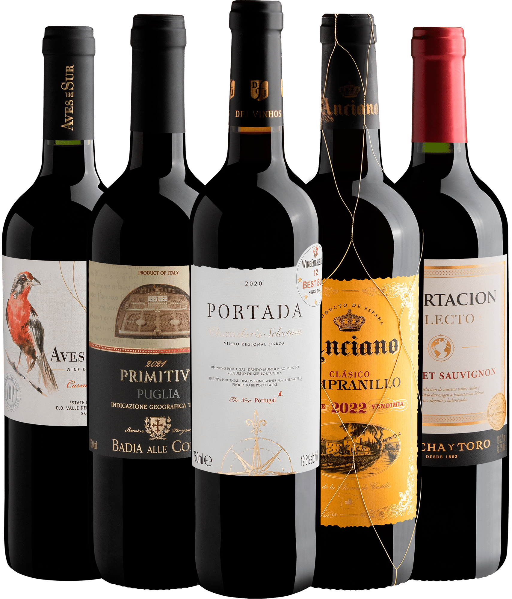 Kit 5 Vinhos Mais Vendidos por R$39,90 cada garrafa + Frete Grátis*