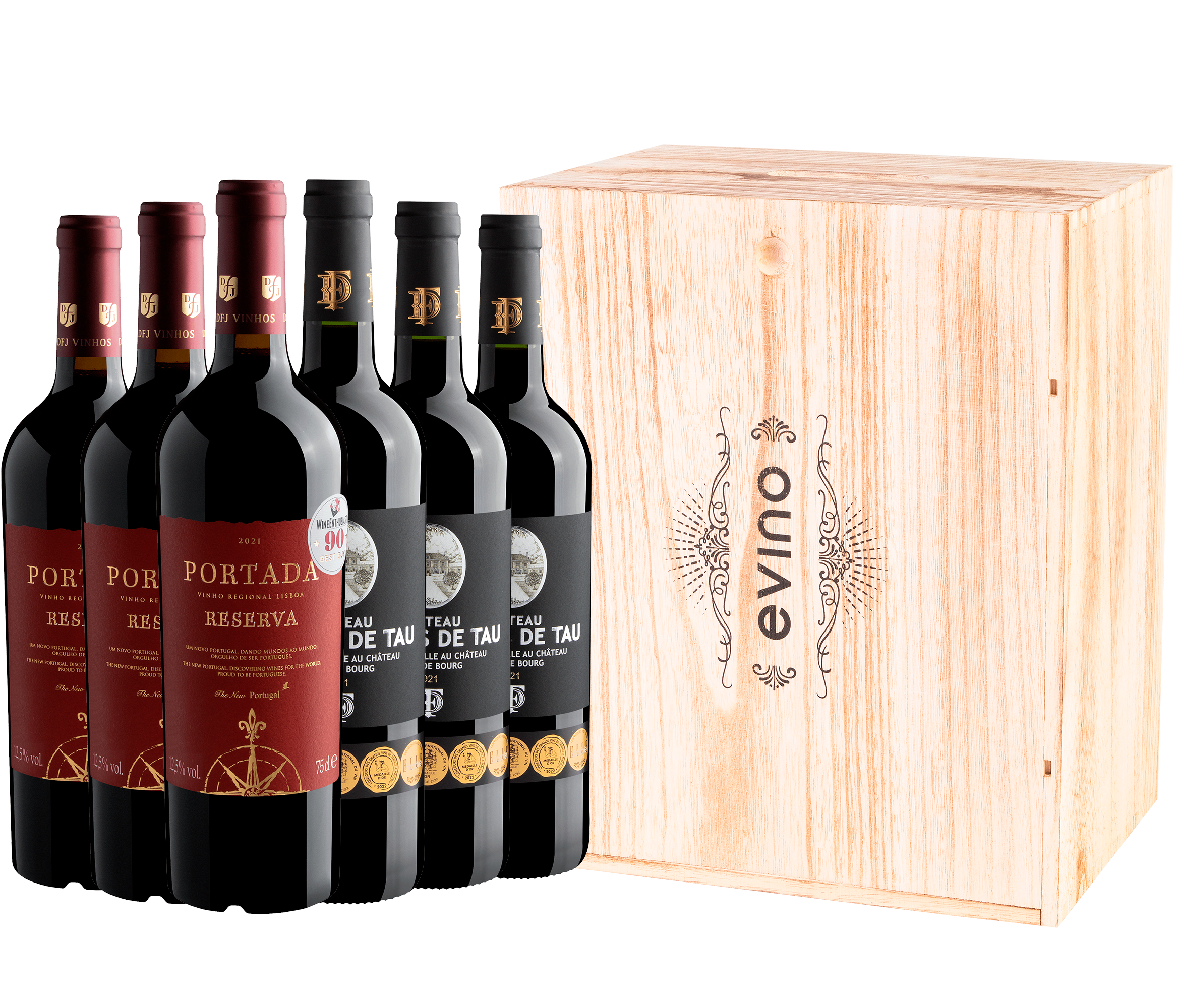 Kit 3 Portada Reserva + 3 Château du Bois de Tau Côtes de Bourg AOC na Caixa de Madeira