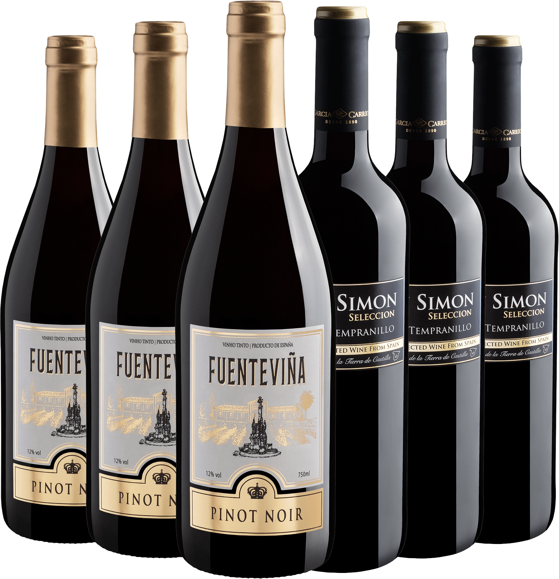 Kit 3 Don Simon Selección Tempranillo + 3 Fuenteviña Pinot Noir por R$27,90 cada garrafa + Frete Grátis*