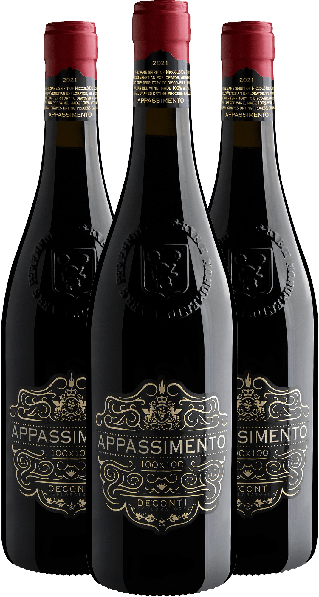 Kit 3 Appassimento 100x100 De’Conti Esploratore Rosso Passito Puglia IGT por R$99,90 cada garrafa