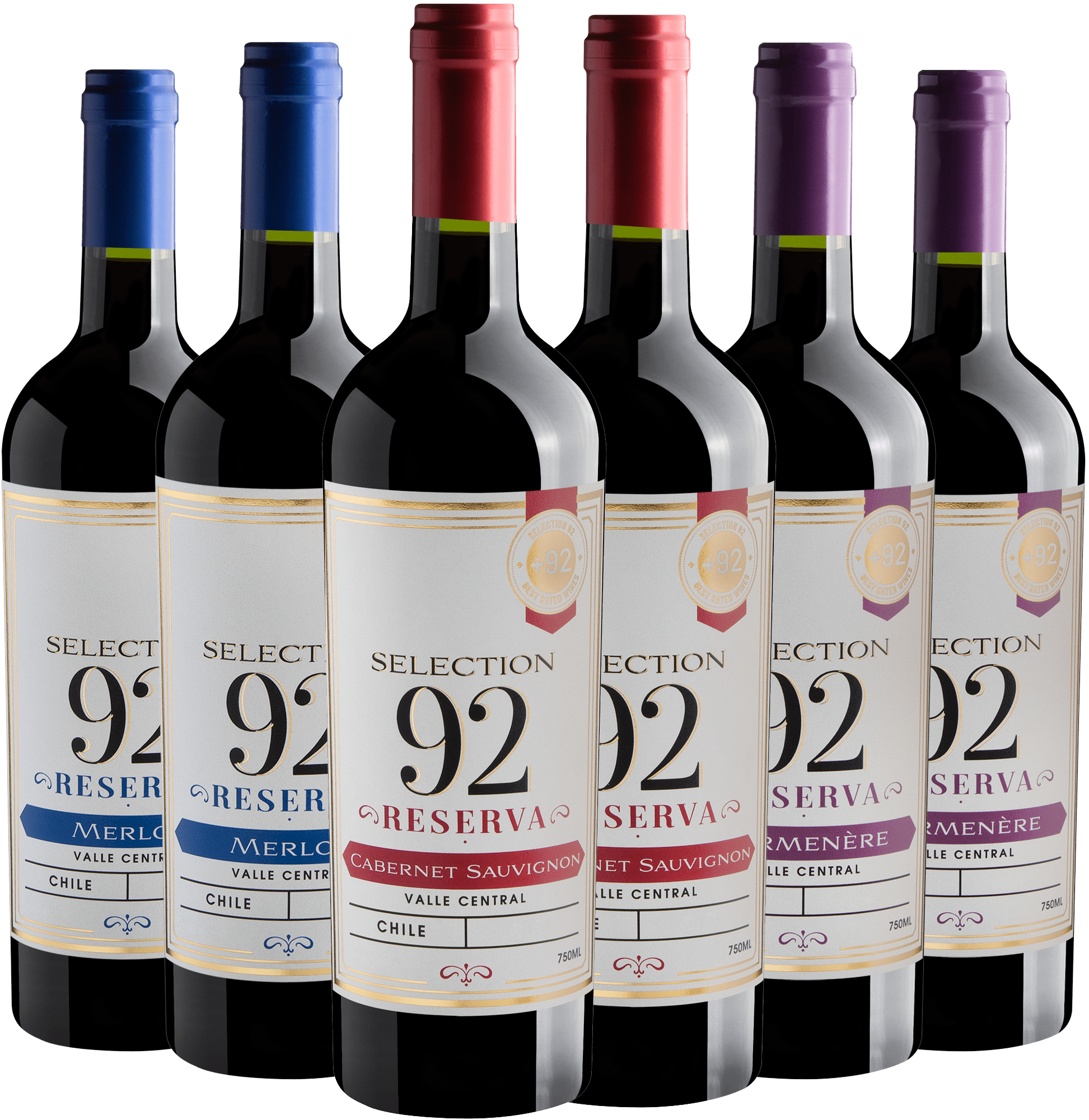 Kit Selection 92 Reserva: 2 Carménère + 2 Merlot + 2 Cabernet Sauvignon