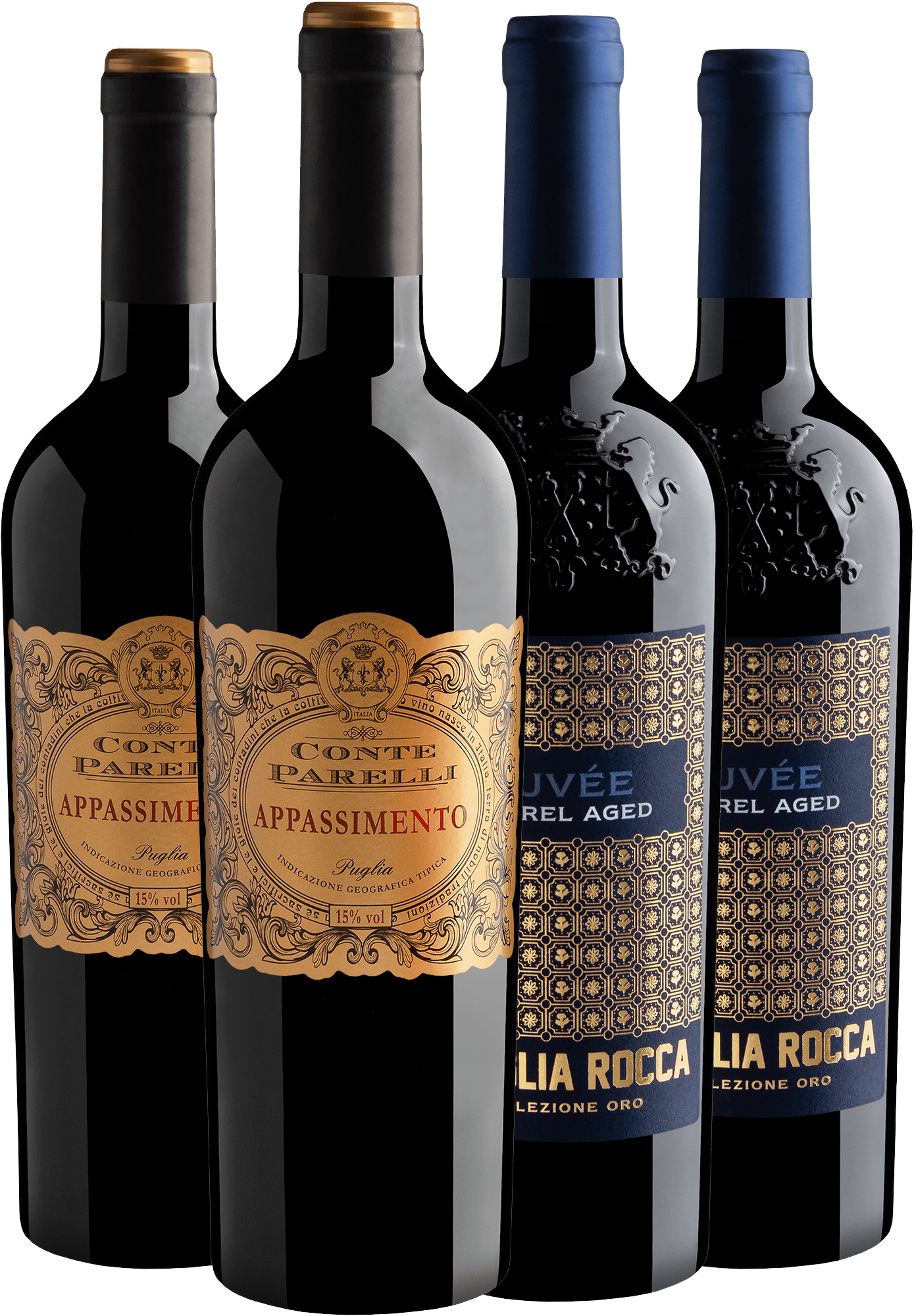 Kit 2 Conte Parelli Appassimento + 2 Famiglia Rocca Collezione Oro Cuvée por R$74,90 cada garrafa