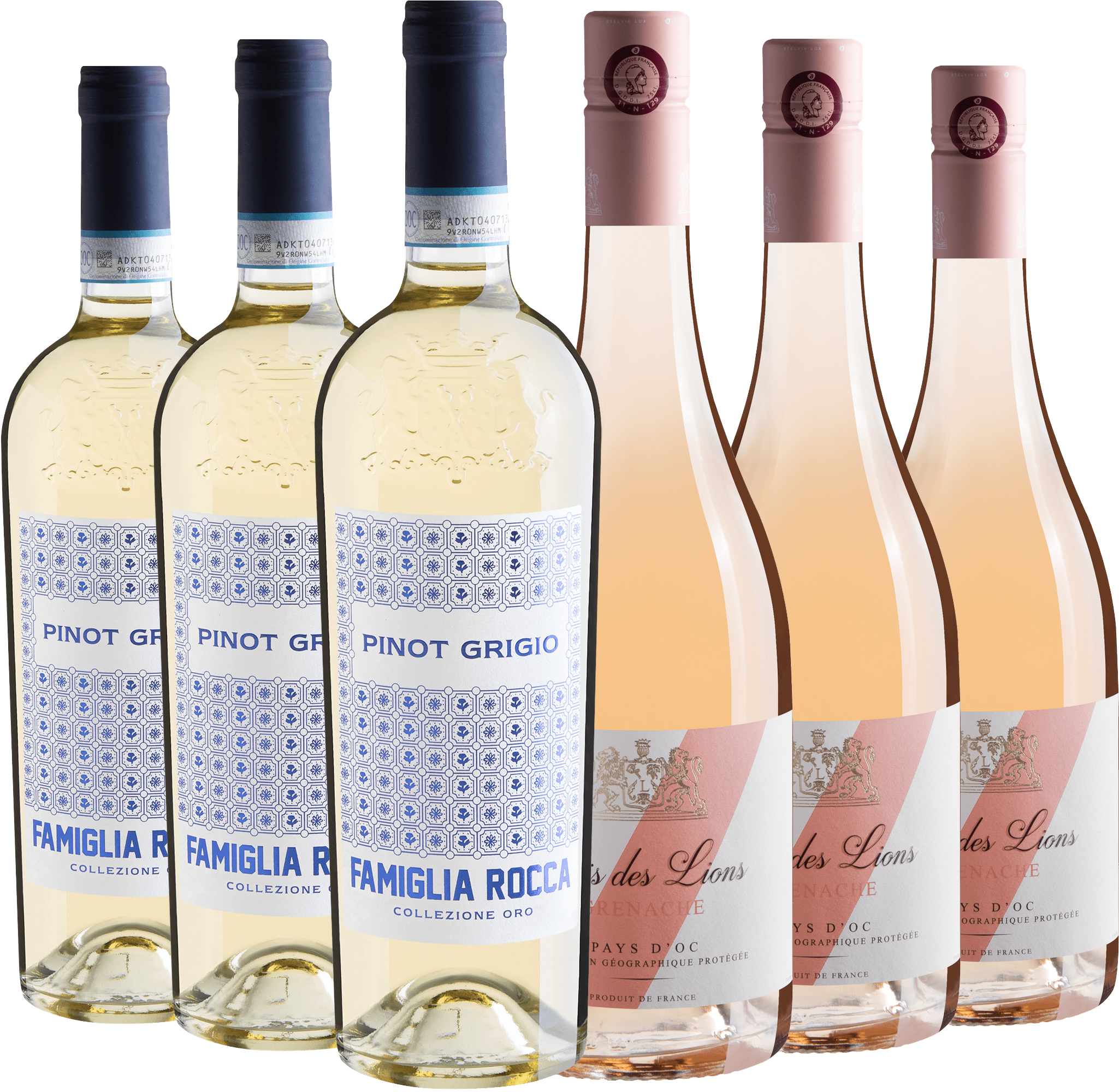Kit 3 Rocca Collezione Oro Pinot Grigio + 3 Gris des Lions Grenache Rosé
