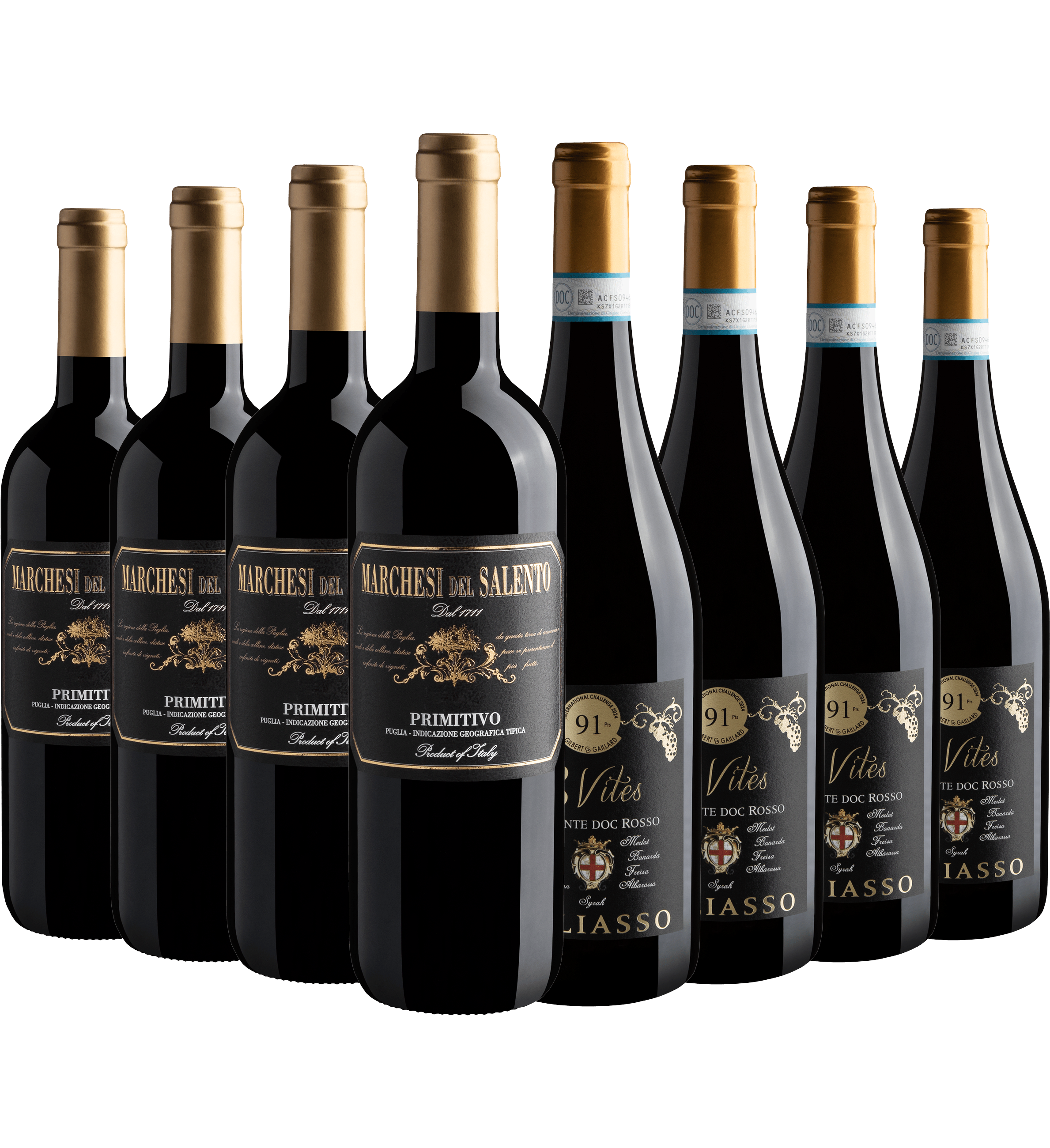 Kit Italianos 94+ Pontos | 4 Marchesi Primitivo + 4 Miliasso 8 Vites