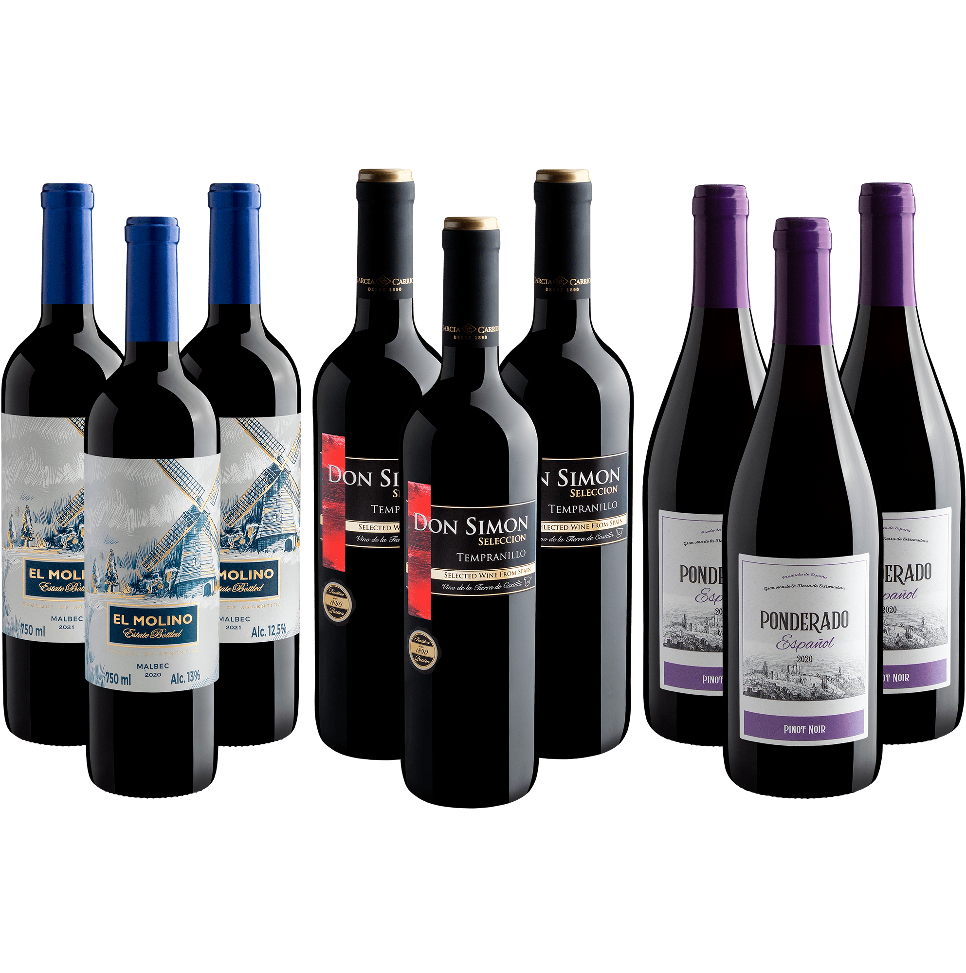 Kit 3 Malbec + 3 Tempranillo + 3 Pinot Noir por R$27,90 cada
