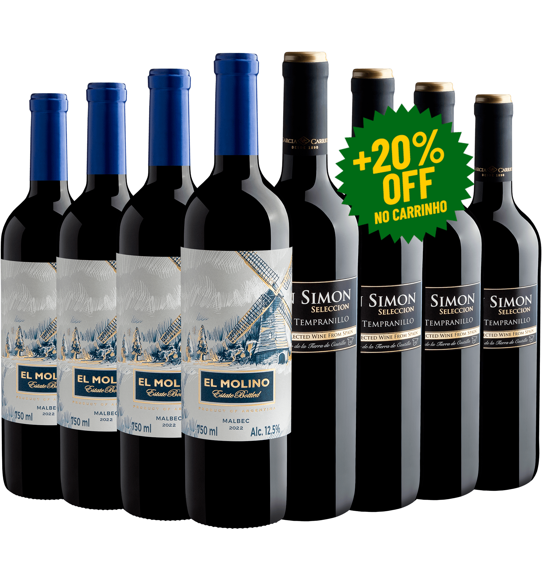 Kit 4 Tempranillo + 4 Malbec por R$29,52 cada garrafa com 20% OFF