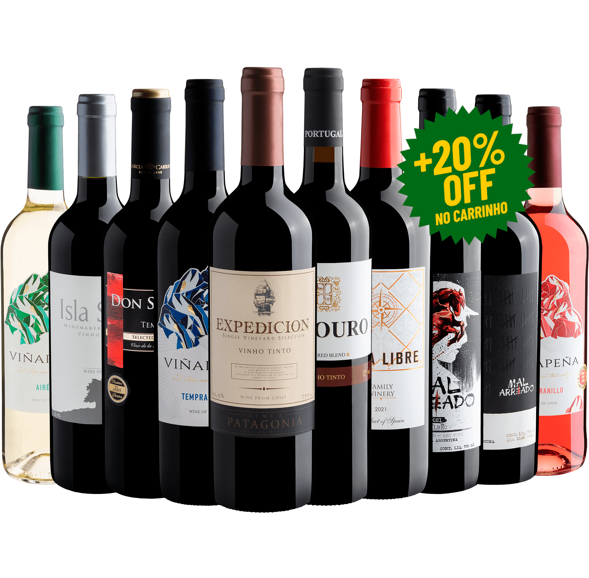 Kit 10 Vinhos por R$29,52 cada garrafa com 20% OFF