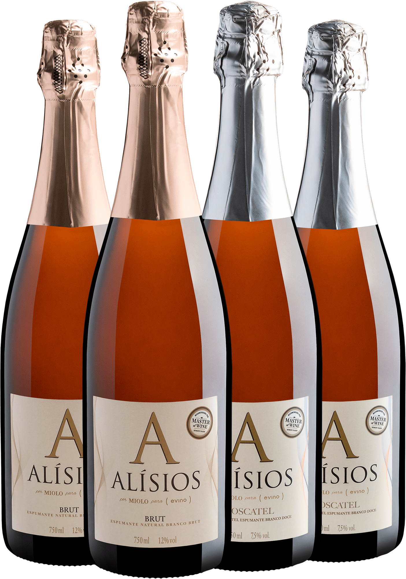 Kit Espumantes Alísios: 2 Brut + 2 Moscatel por R$39,90 cada garrafa