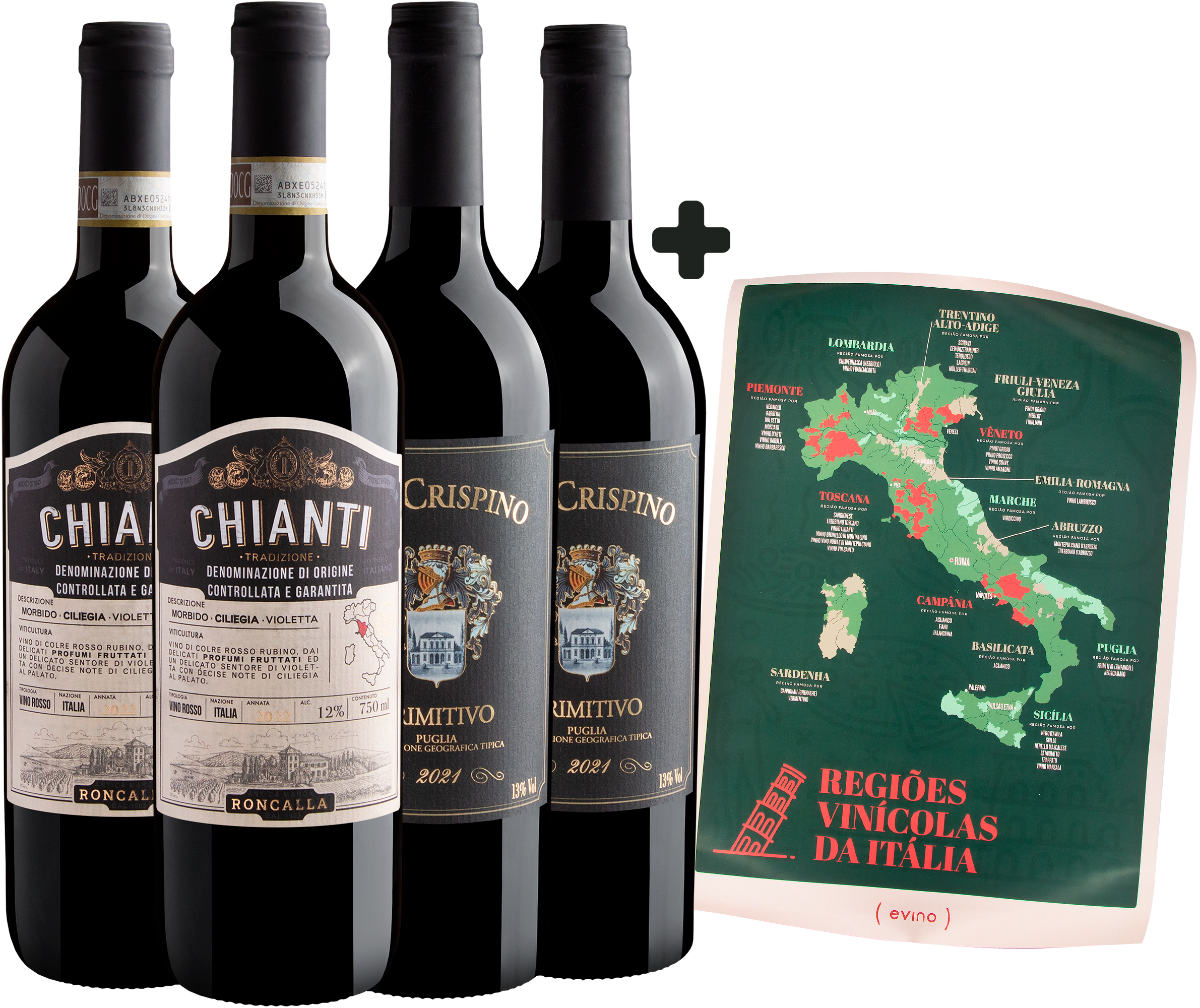 Kit 2 Primitivo + 2 Chianti + Pôster Regiões Vinícolas da Itália