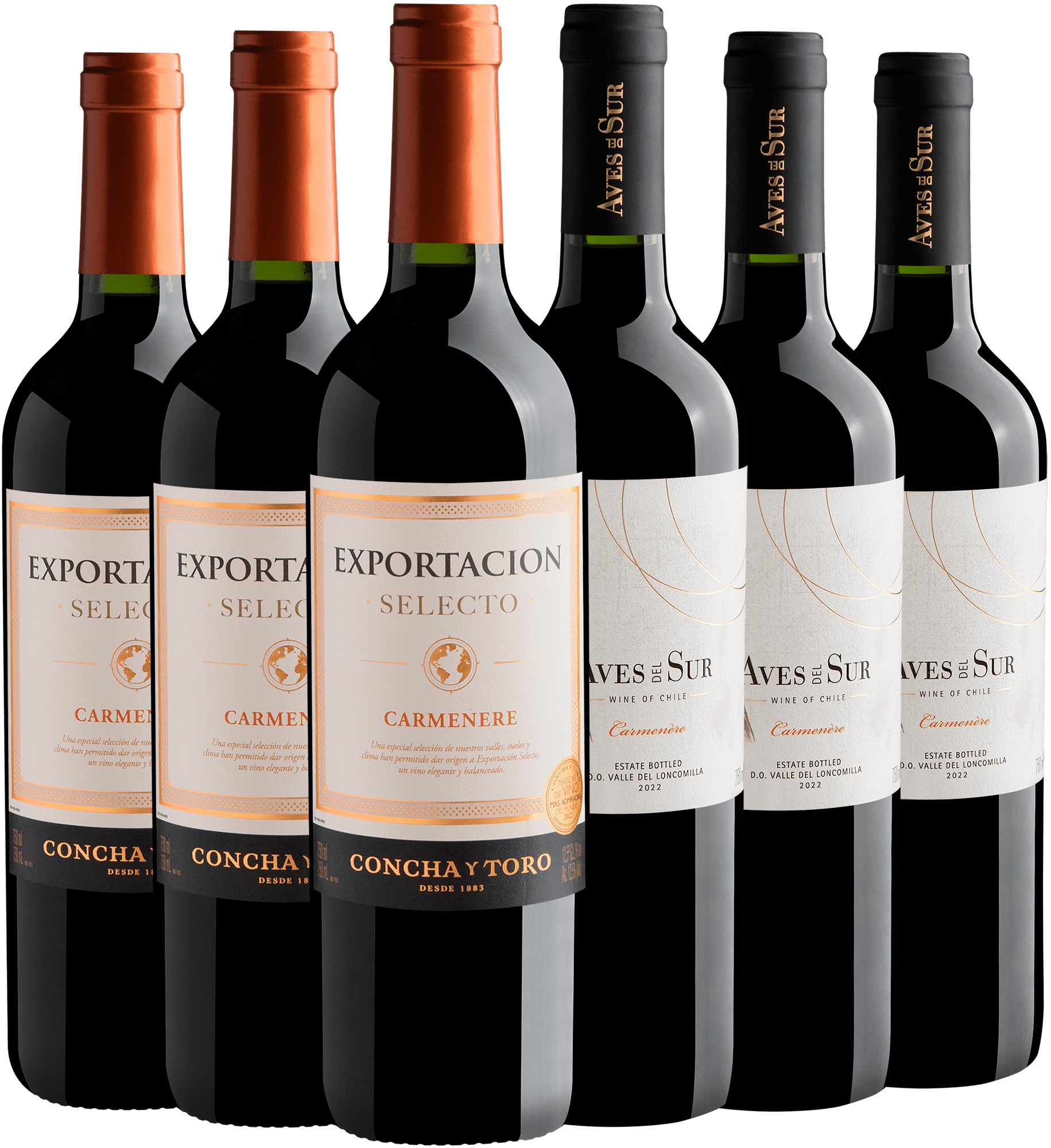 Kit Carménères Chilenos: 3 Concha y Toro Exportacion + 3 Aves Del Sur por R$34,90 cada garrafa