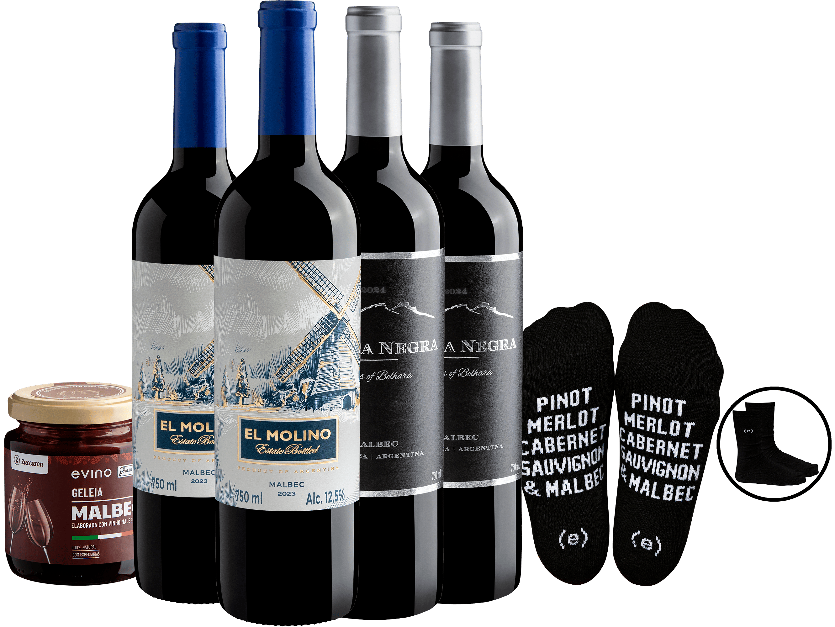 Kit 4 Malbecs + Geleia de Uva Malbec + Meia Evino