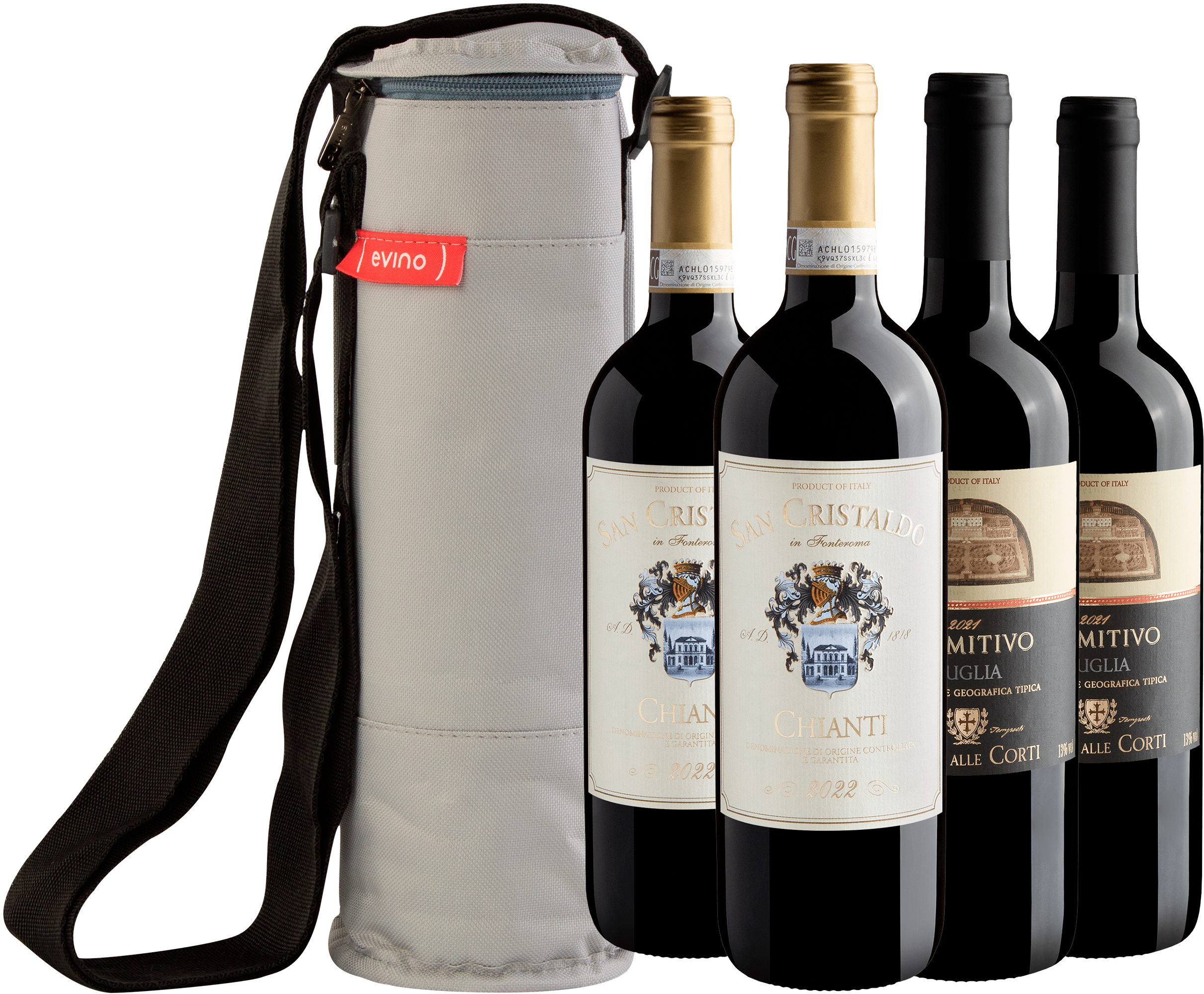 Kit 2 Badia Alle Corti Primitivo + 2 San Cristaldo Chianti por R$59,90 cada garrafa + Bolsa Térmica Grátis