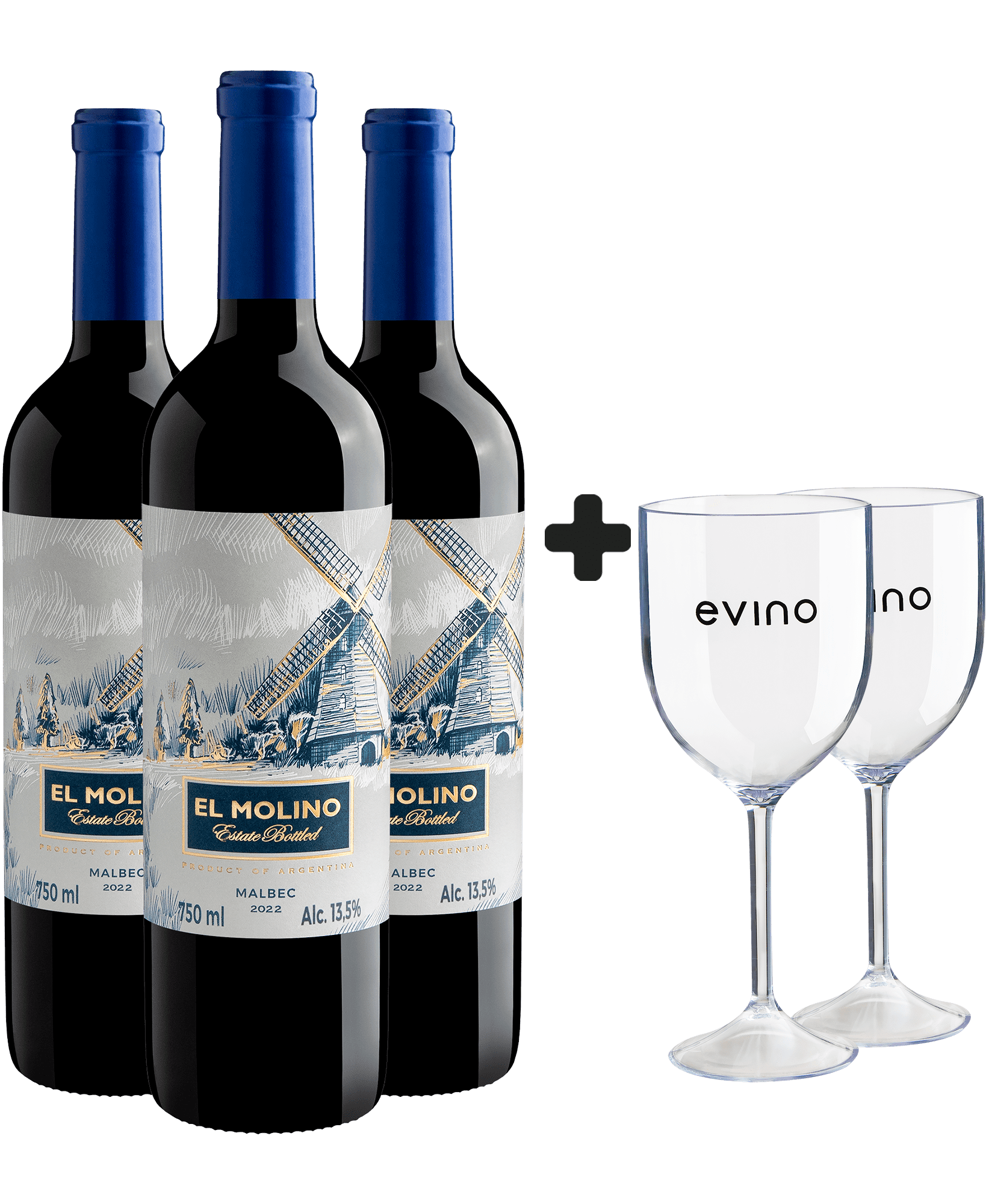 Kit 3 El Molino Malbec 2022 + 2 Taças Grátis