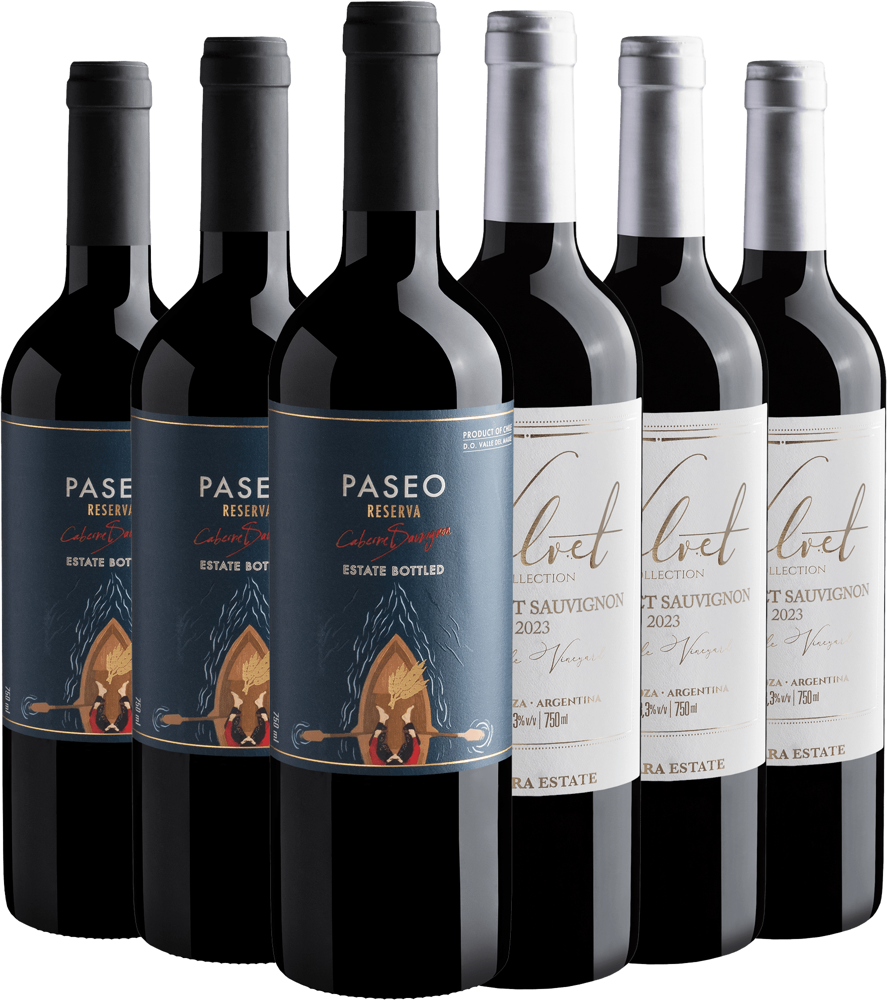 Kit Cabernets Sauvignons por R$34,90 cada garrafa | 3 Paseo Reserva + 3 Velvet Collection 