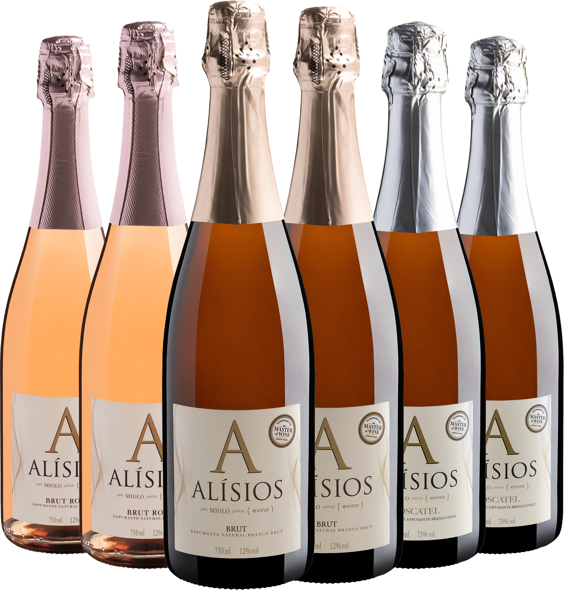 Kit Espumantes Alísios | 2 Brut + 2 Rosé Brut + 2 Moscatel por R$44,90 cada garrafa