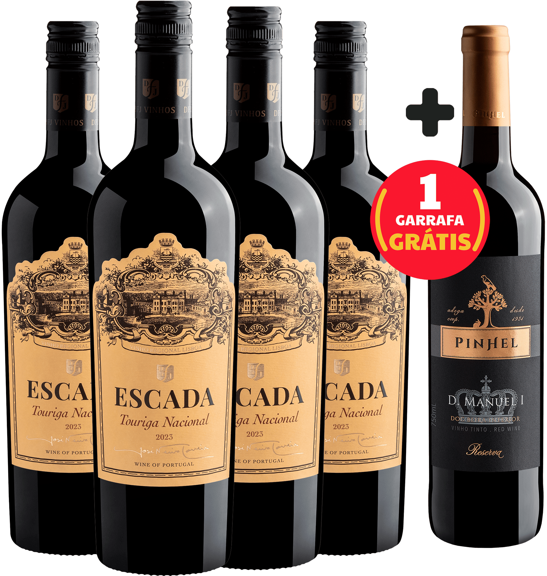 Kit 4 Escada Touriga Nacional por R$92,90 cada garrafa + 1 D. Manuel Reserva Grátis