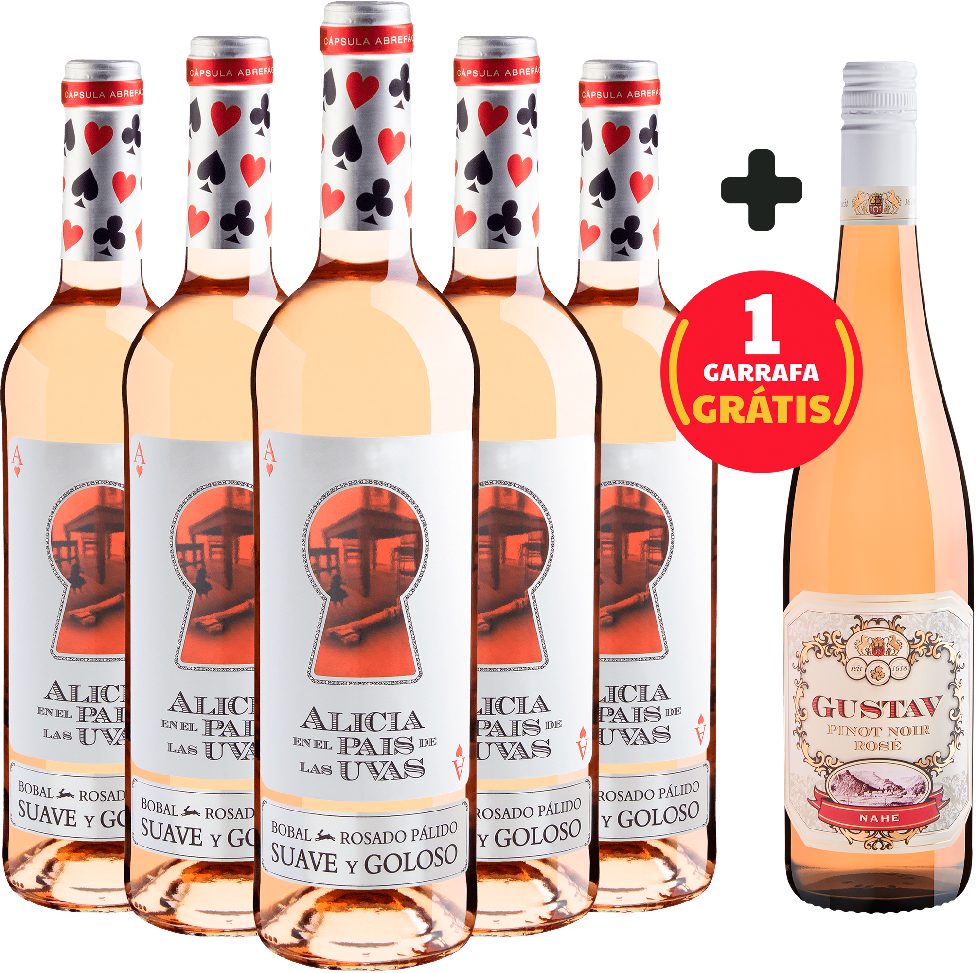 Kit 5 Alicia en el Pais de Las Uvas Bobal Rosado Pálido por R$47,90 cada garrafa + 1 Gustav Pinot Noir Rosé Nahe Grátis