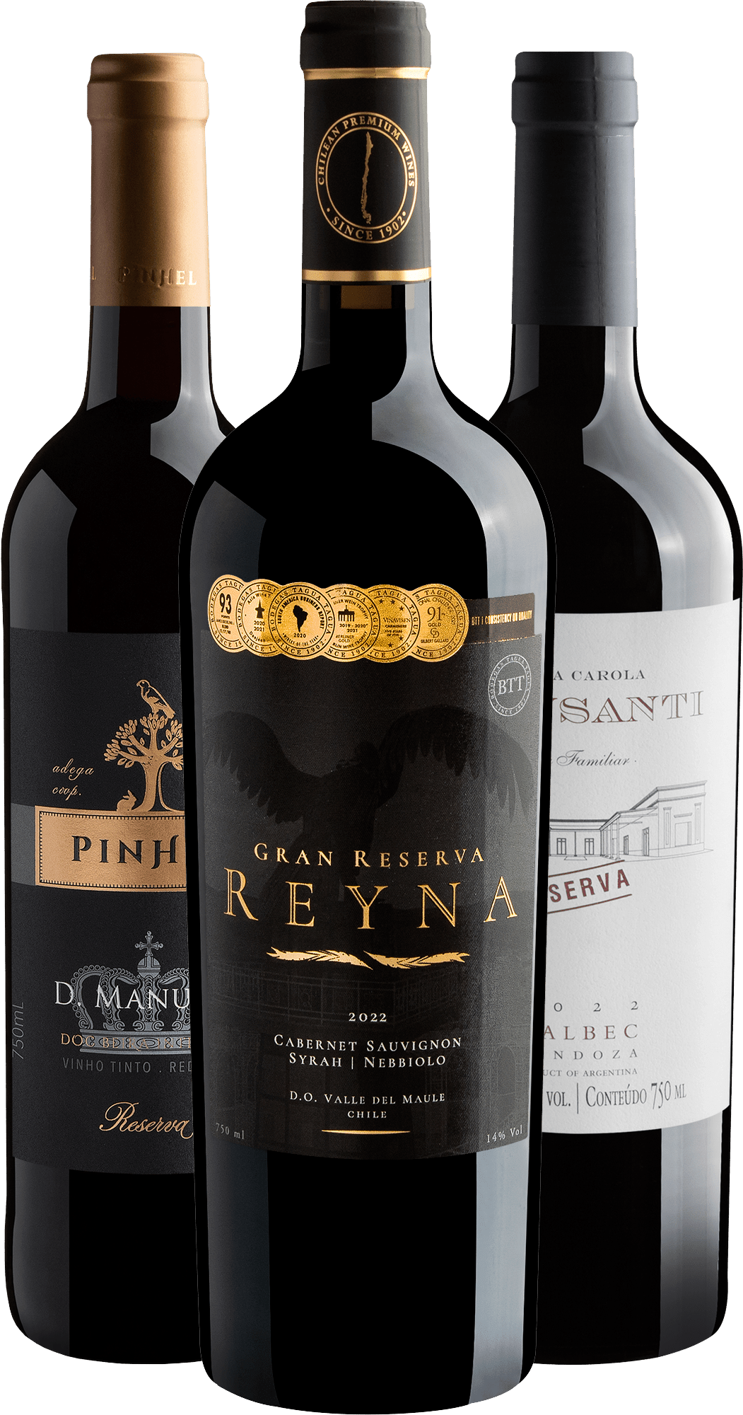 Kit 3 Tintos Premium Reservas por R$79,90 cada garrafa