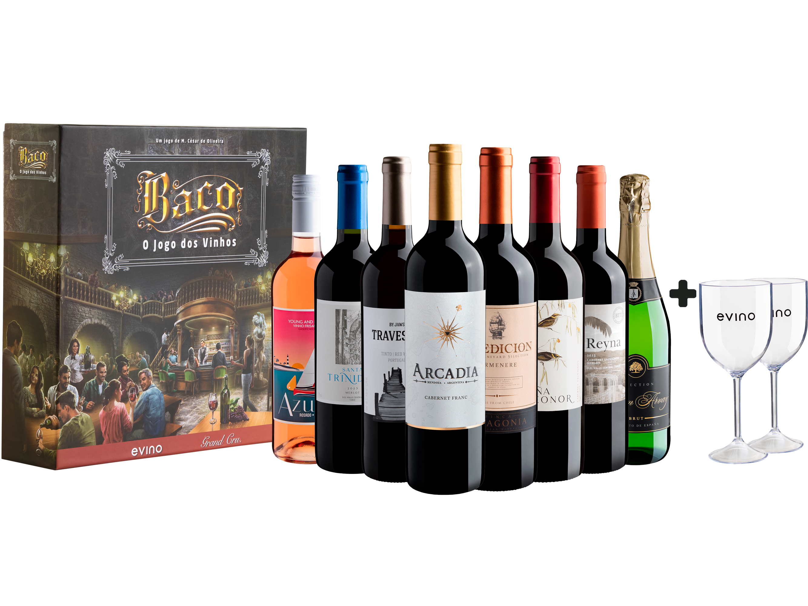 Kit 8 Vinhos + Jogo Baco + 2 Taças