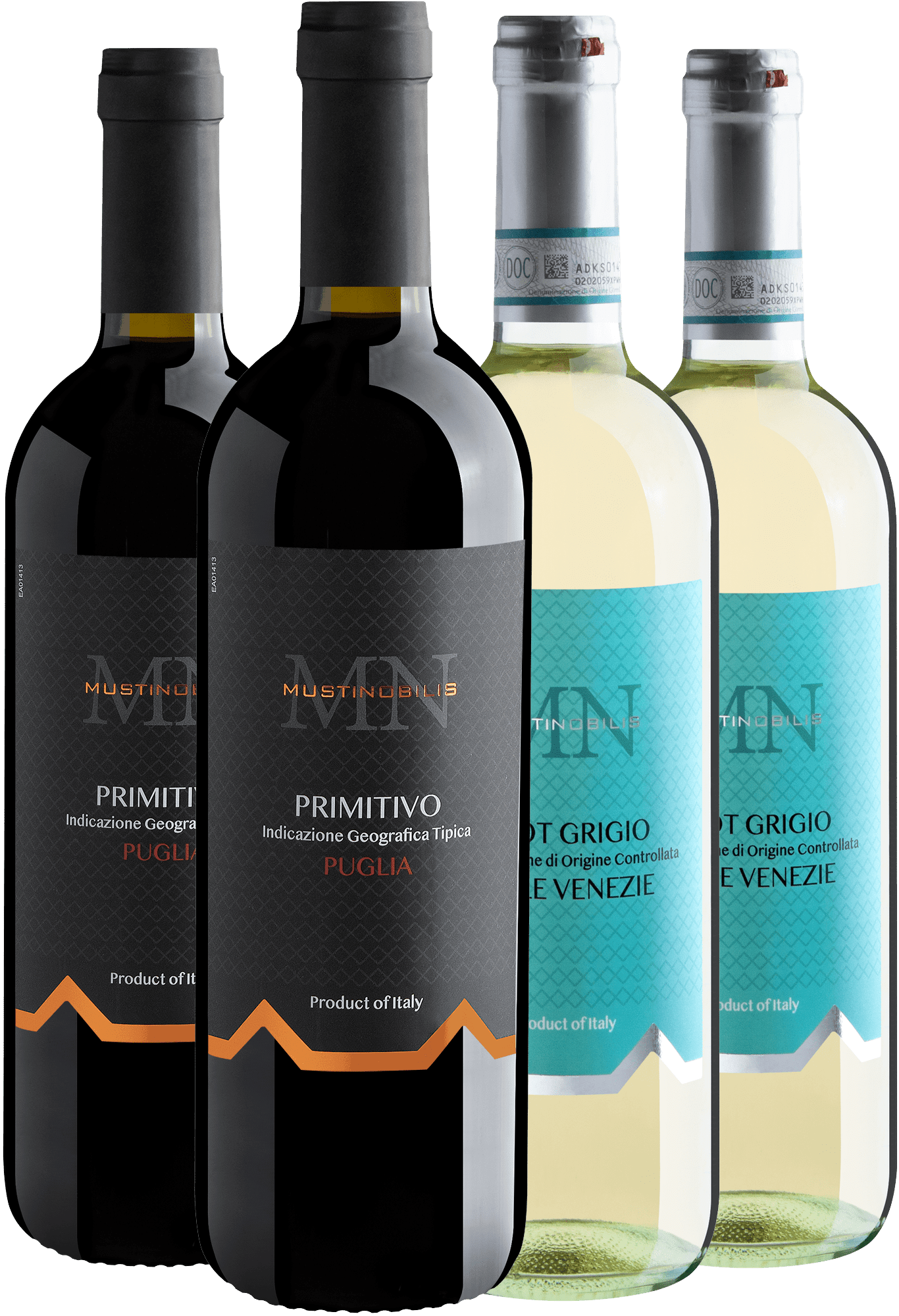 Kit Família Musti Nobilis | 2 Primitivo + 2 Pinot Grigio por R$54,90 cada garrafa