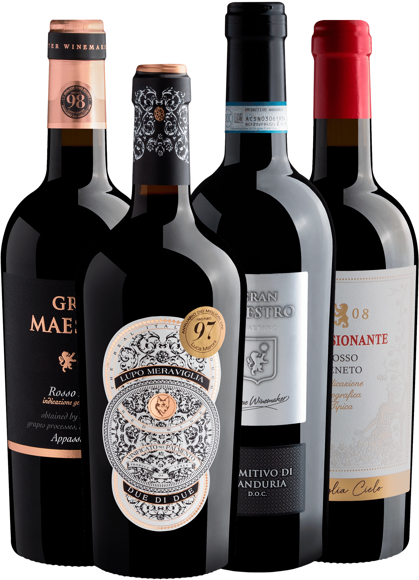 Kit Italianos 97+ Pontos por R$99,90 cada garrafa