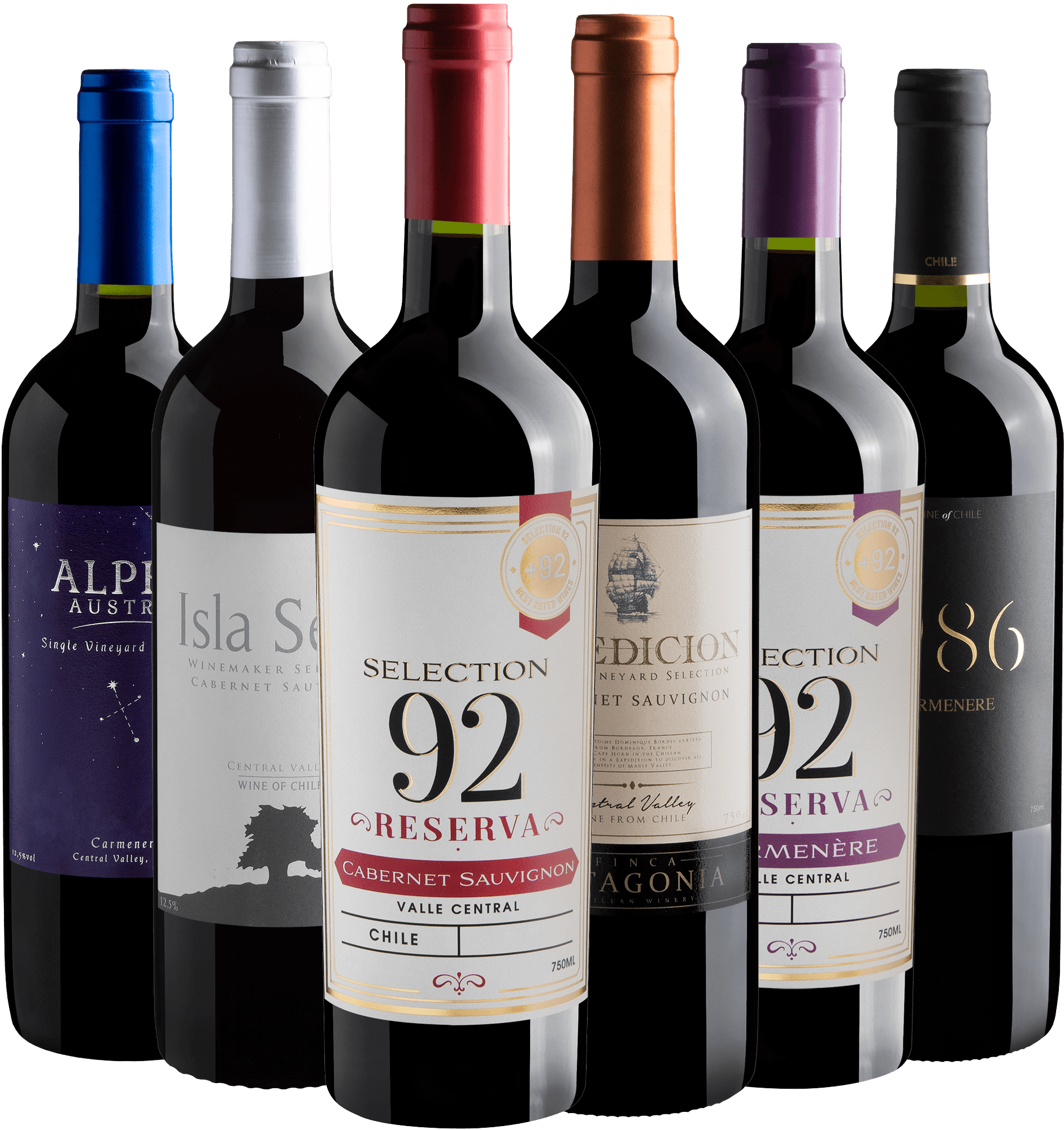 Kit 3 Cabernets Sauvignons + 3 Carménères por R$26,90 cada garrafa 