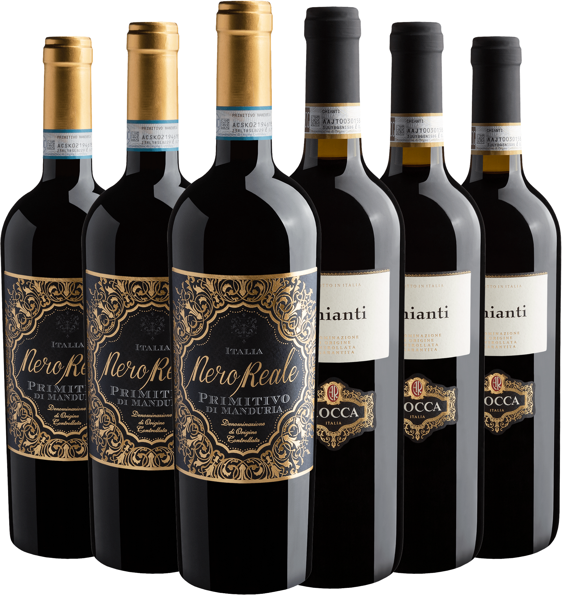 Kit 3 Nero Reale Primitivo di Manduria DOC + 3 Rocca Chianti DOCG por R$69,90 cada garrafa*