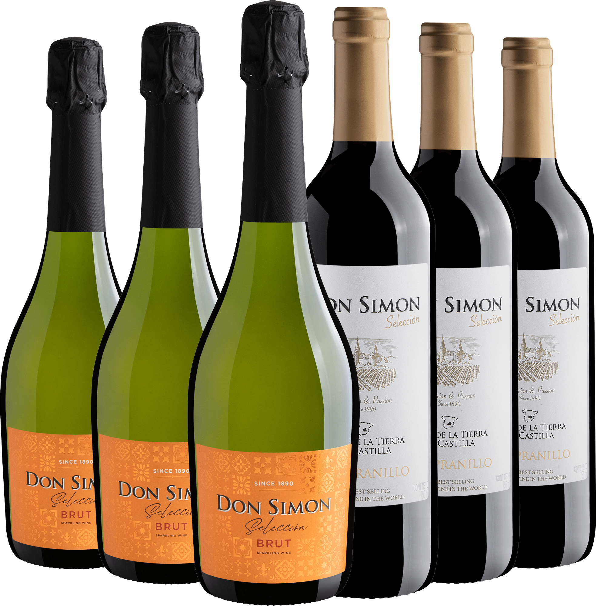 Kit Don Simon Selección | 3 Tempranillo + 3 Brut Sparkling Wine por R$29,90 cada garrafa
