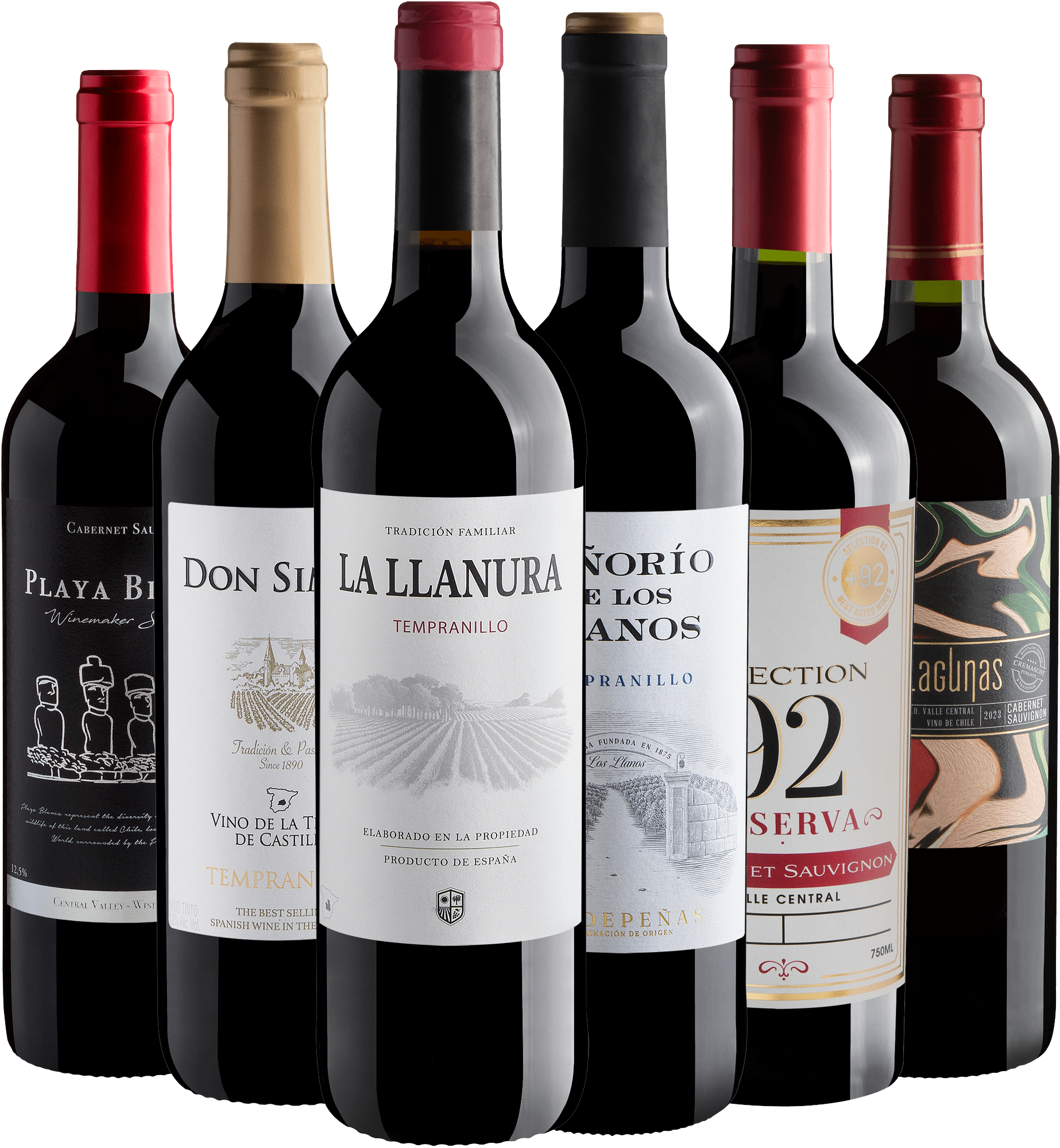 Kit 3 Cabernets Sauvignons + 3 Tempranillos por R$27,90 cada garrafa