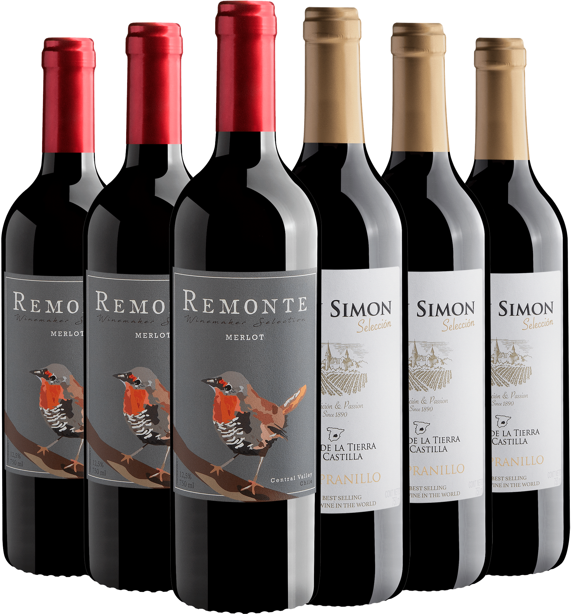Kit 3 Merlot + 3 Tempranillo por R$23,90 cada garrafa