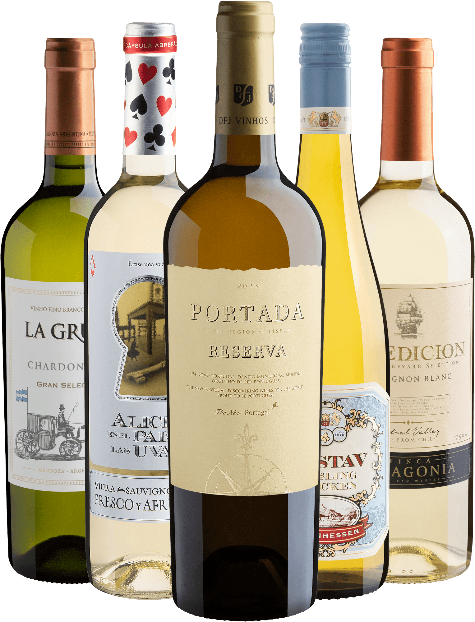 Kit 5 Vinhos Brancos Best-Sellers por R$43,98 cada garrafa