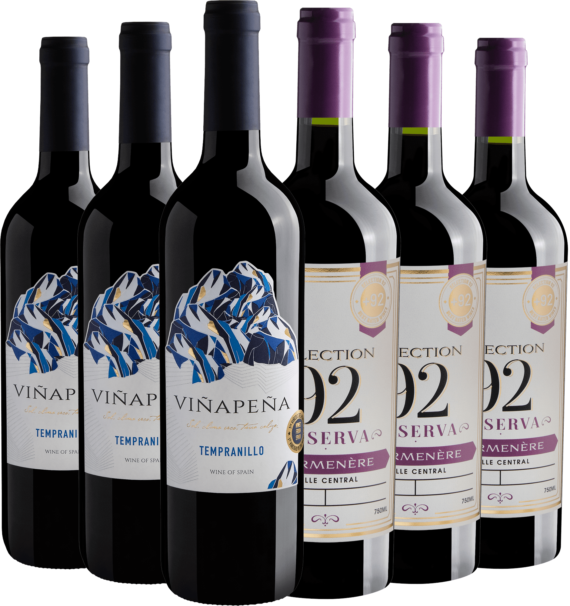 Kit 3 Viñapeña Tempranillo  + 3 Selection 92 Reserva Carménère por R$26,90 cada garrafa
