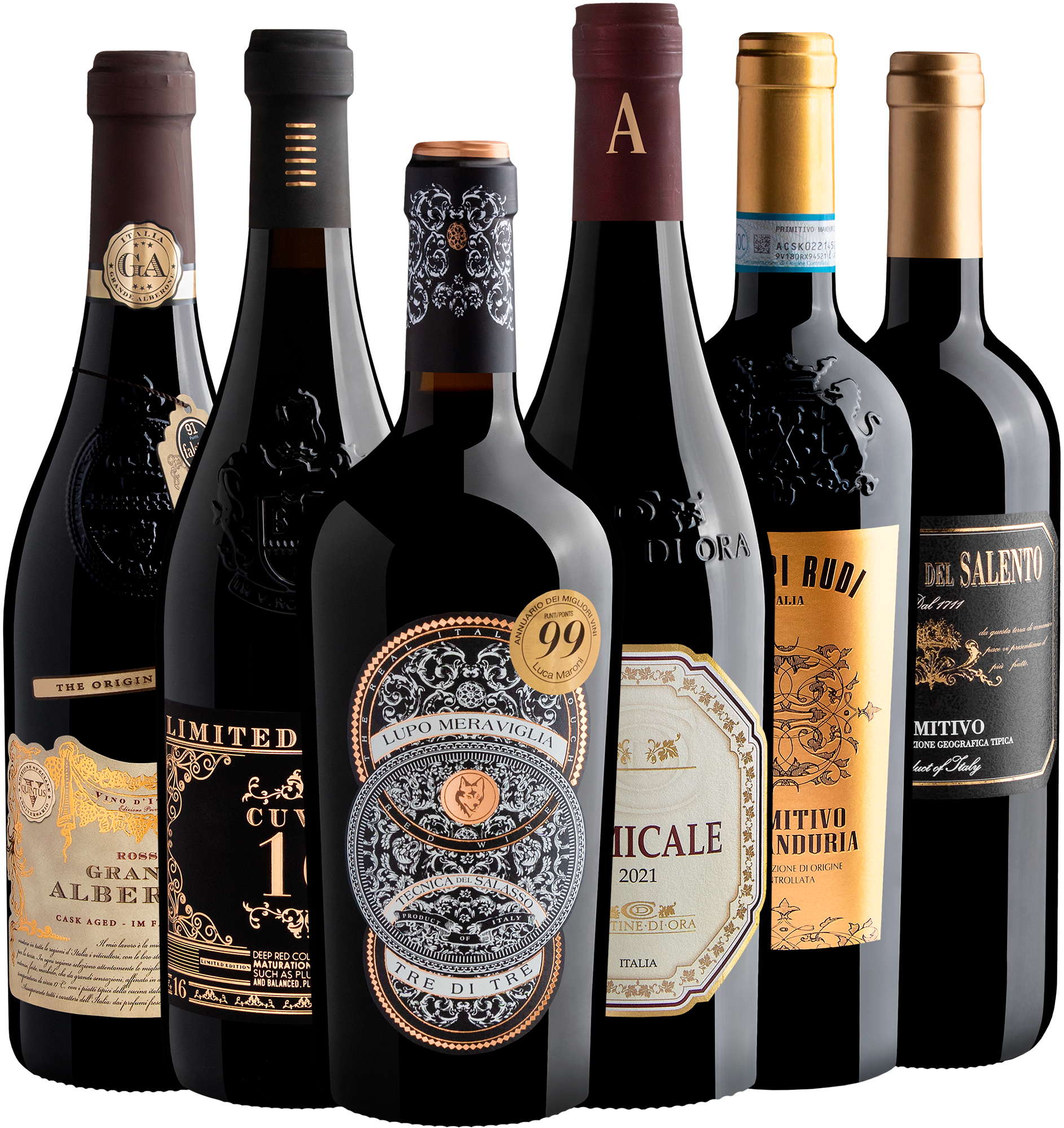Kit 6 Vinhos Italianos Pontuados por R$99,90 cada garrafa