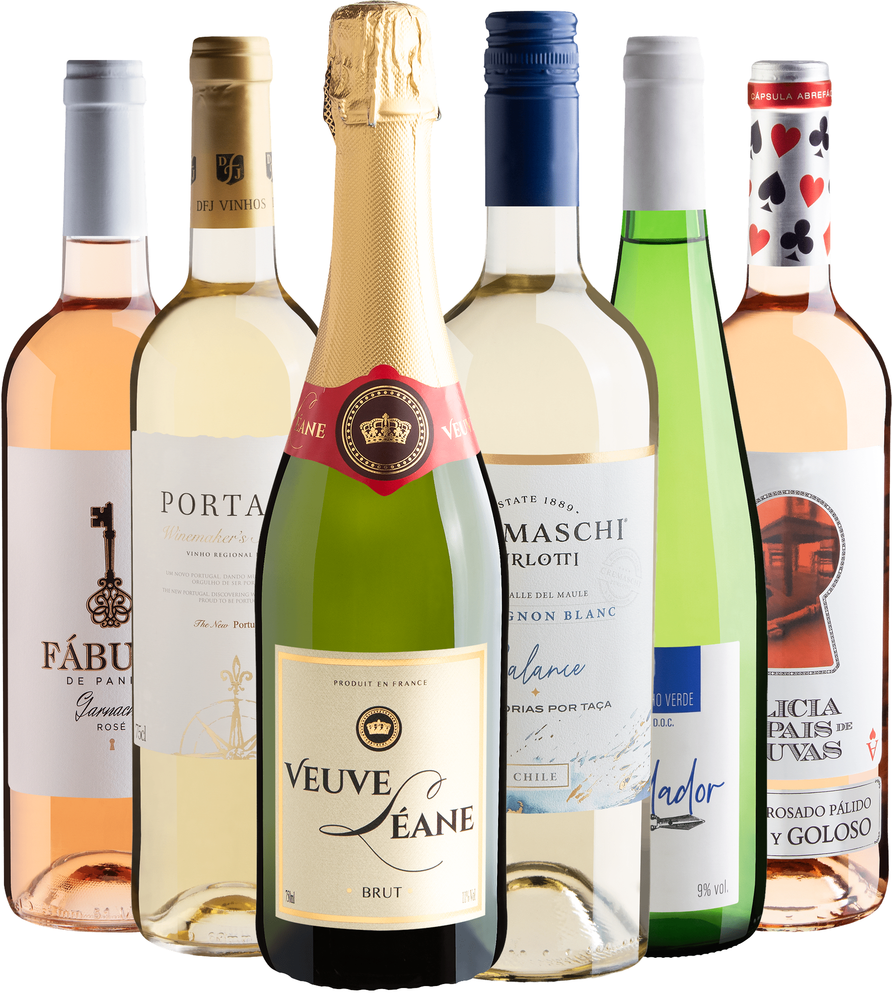 Kit 6 Vinhos Refrescantes com Veuve Léane Sparkling Brut por R$49,90 cada garrafa