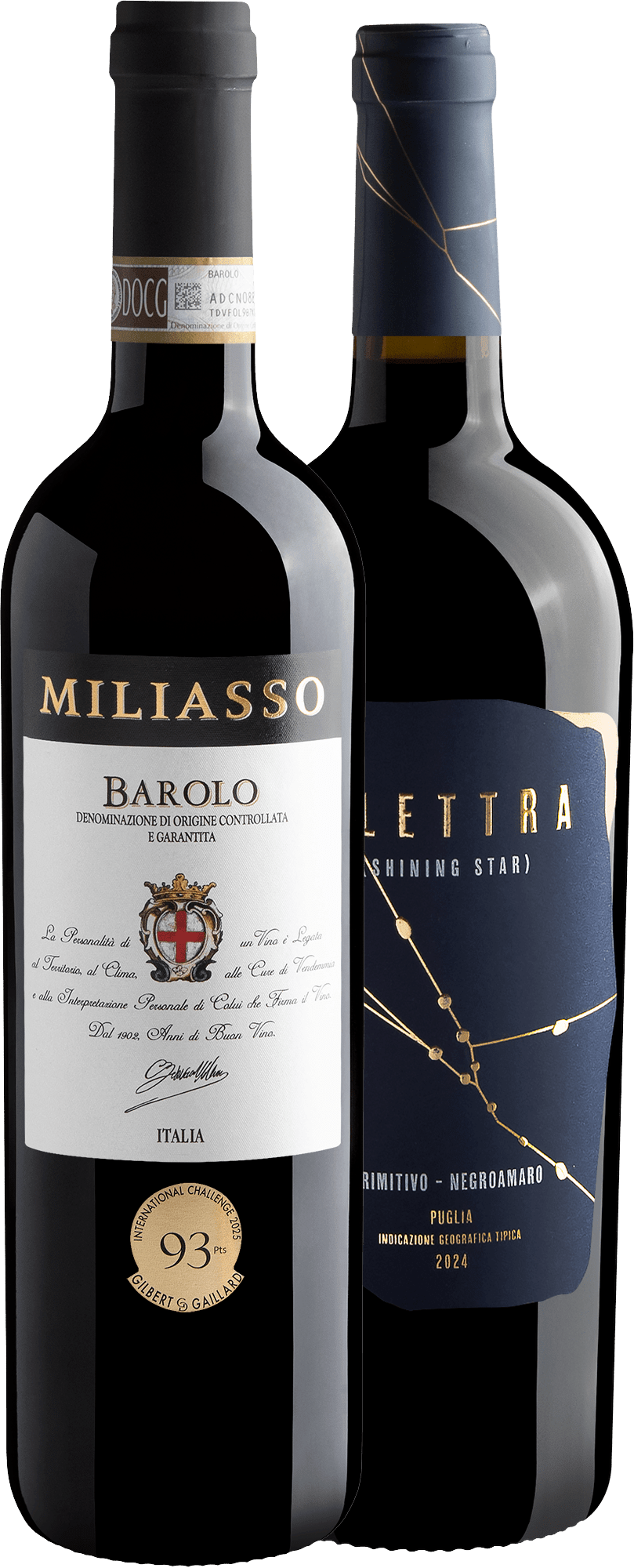 Kit Italianos Notáveis | 1 Miliasso Barolo + 1 Elettra (Shining Star) Primitivo-Negroamaro