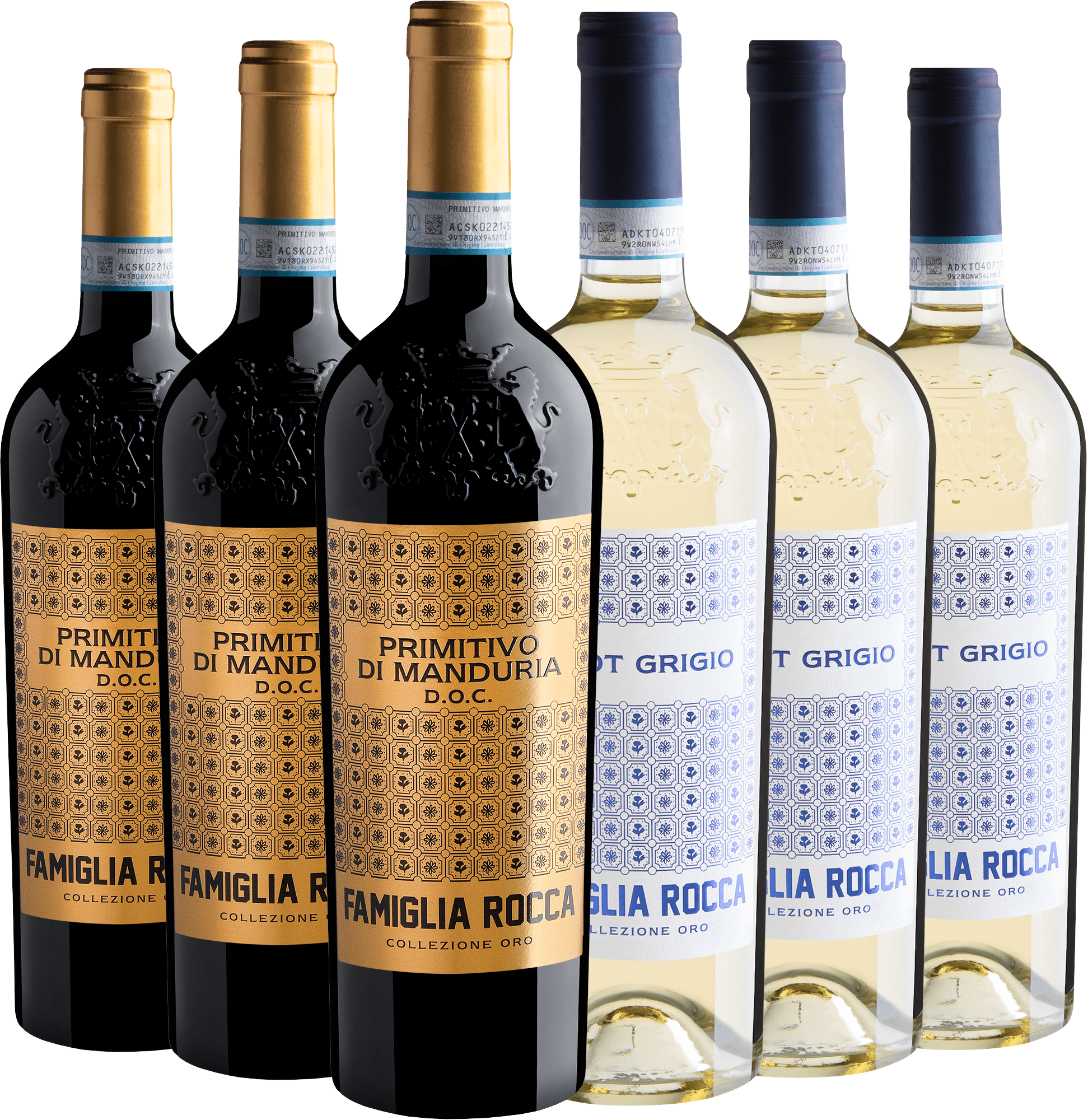 Kit Rocca Collezione Oro: 3 Primitivo di Manduria + 3 Pinot Grigio