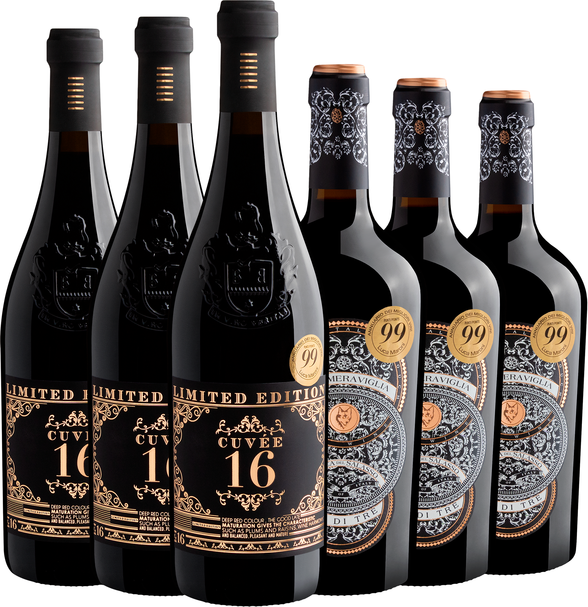 Kit Italianos 99 Pontos | 3 Cuvée 16 Limited Edition + 3 Lupo Meraviglia Tre di Tre