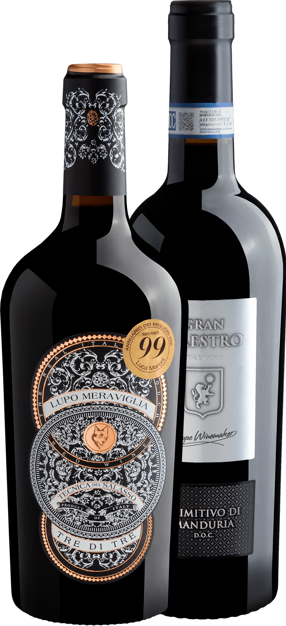 Kit Italianos 98+ Pontos | 1 Lupo Tre di Tre + 1 Gran Maestro Primitivo di Manduria