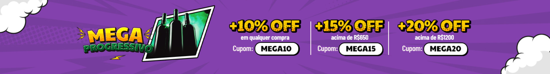 Mega Progressivo | +10% OFF em todos as compras usando o cupom MEGA10. Compras acima de R$650 ganhe +15% OFF com o cupom MEGA15 e em compras acima de R$1200 ganhe +20% OFF com o cupom MEGA20.  *Oferta válida com uso de cupom promocional na campanha para compras feitas no site e no app. A Evino se reserva do direito de encerrar a promoção a qualquer momento, sem aviso prévio.