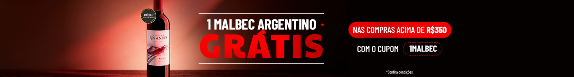 Ganhe 1 Viña de Los Andes Malbec nas compras acima de R$350 com o cupom 1MALBEC