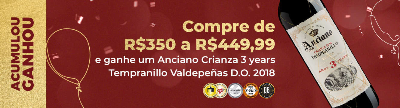 Compre de R$350 a R$449,99 e ganhe um Anciano Crianza 3 years Tempranillo Valdepeñas D.O. 2015 Medalha de Prata no Mundus Vini 2018, Medalha de Bronze no International Wine Challenge 2015, Medalha de Ouro no Troféu Berliner Wein 2014, 88 Pontos no Wine Spectator