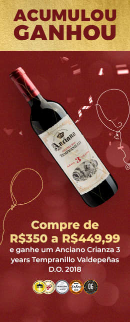 Compre de R$350 a R$449,99 e ganhe um Anciano Crianza 3 years Tempranillo Valdepeñas D.O. 2015 Medalha de Prata no Mundus Vini 2018, Medalha de Bronze no International Wine Challenge 2015, Medalha de Ouro no Troféu Berliner Wein 2014, 88 Pontos no Wine Spectator