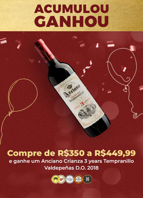 Compre de R$350 a R$449,99 e ganhe um Anciano Crianza 3 years Tempranillo Valdepeñas D.O. 2015 Medalha de Prata no Mundus Vini 2018, Medalha de Bronze no International Wine Challenge 2015, Medalha de Ouro no Troféu Berliner Wein 2014, 88 Pontos no Wine Spectator